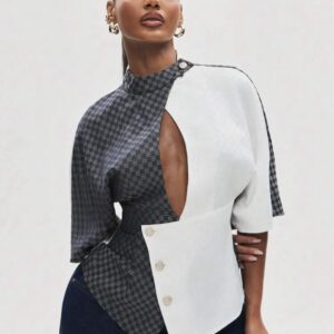 SHEIN classy crossover cut out front sexy check plaid top in white black grey mix