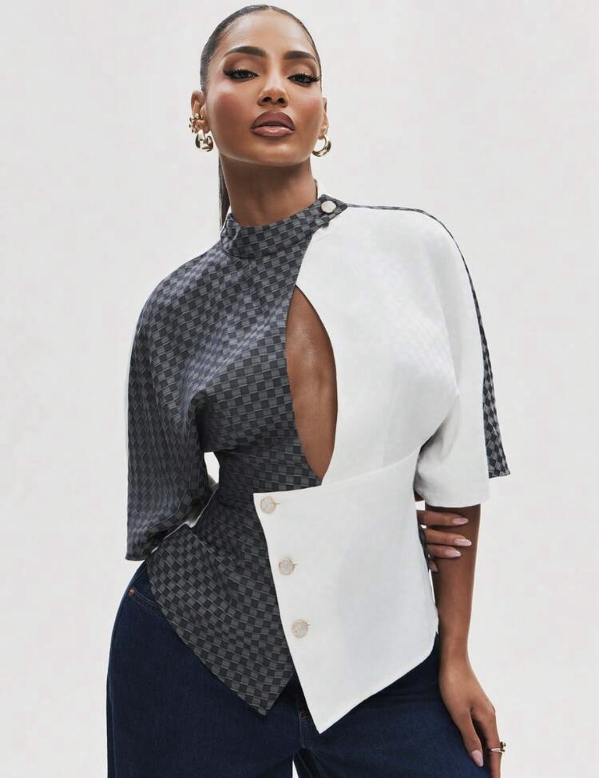 SHEIN classy crossover cut out front sexy check plaid top in white black grey mix SHEIN classy crossover cut out front sexy check plaid top in white black grey mix