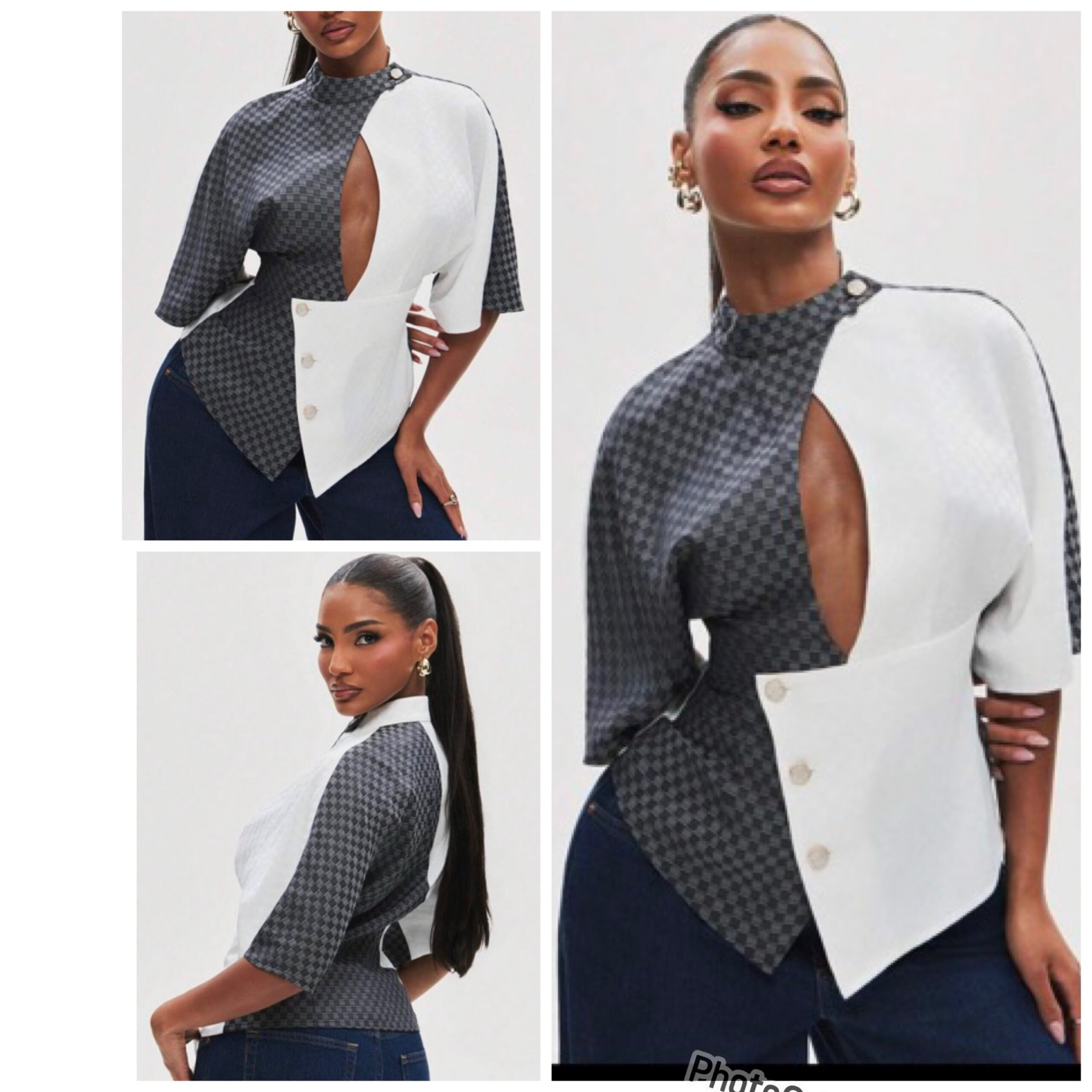 SHEIN classy crossover cut out front sexy check plaid top in white black grey mix SHEIN classy crossover cut out front sexy check plaid top in white black grey mix - Image 2