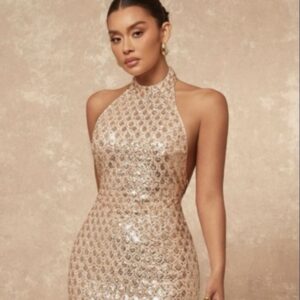 SHEIN halter tie back midi  glitter dress in gold  M