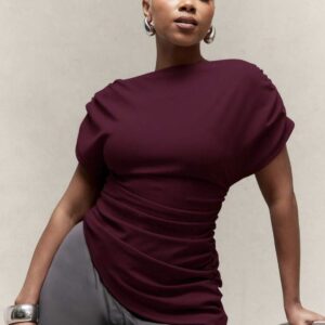 SHEIN short sleeve assymetric ruched top in burgundy red violet