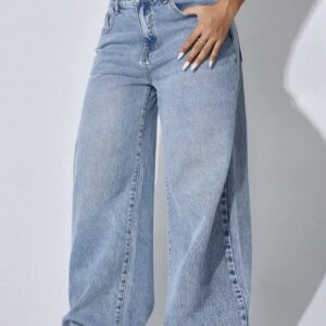 SHEIN solid jeans with slant pocket & wide leg in light wash denim