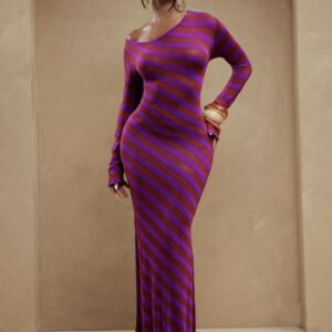 SHEIN long sleeve stripe one shoulder assymetric maxi dress in purple/burgundy multicolor mix  L