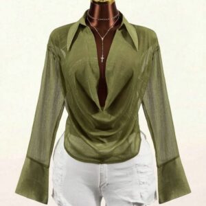 SHEIN collar sheer mesh drape cowl neck top in olive green
