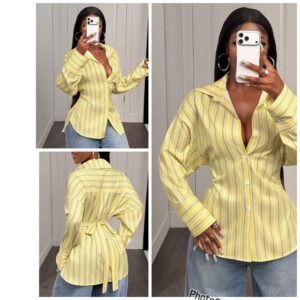SHEIN collar stripe button shirt in yellow tie back L