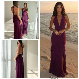 SHEIN halter deep neck side ruffle with slit in purple M