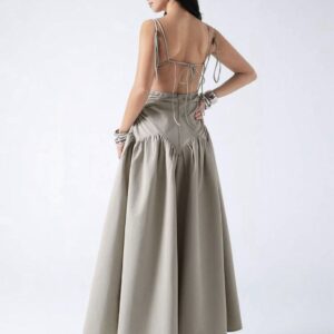 Shein tank cami solid square neck tie back maxi dress in grey green  L