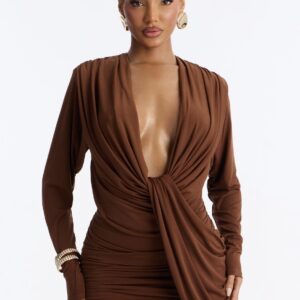Fashionnova Cupids Sin Long Sleeve Jersey Mini Dress in brown M