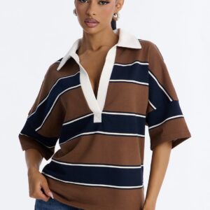 Fashionnova Emerson Striped Short Sleeve Polo Top in brown / combo M