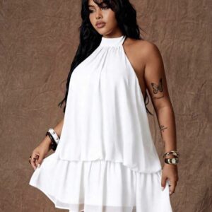 SHEIN plus halter tie neck backless  chiffon dress in white 16