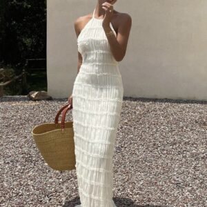 SHEIN halter vacation 2 step back lace  maxi dress in white  apricot cream M